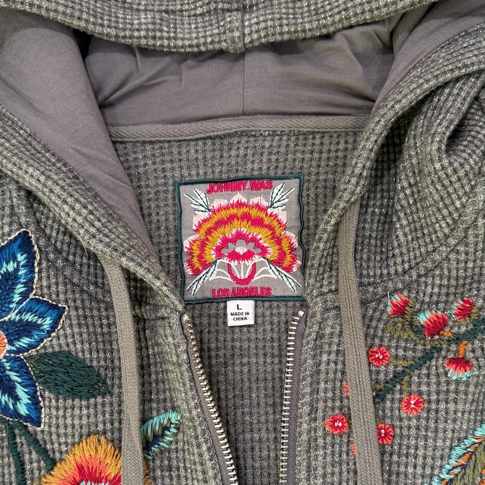 Johnny Was Gray Floral Ardell Embroidered  Zip Hoodie Metallic Thread Large - Picture 2 of 7